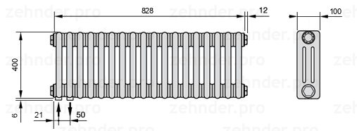 Схема (чертеж) Радиатор Zehnder Charleston 3040/18 №3370 Белый глянцевый RAL 9016